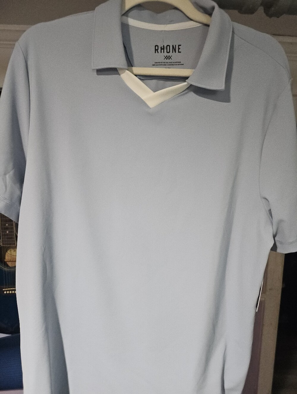RHONE Light Blue Men's Polo with White V-Notch Trim